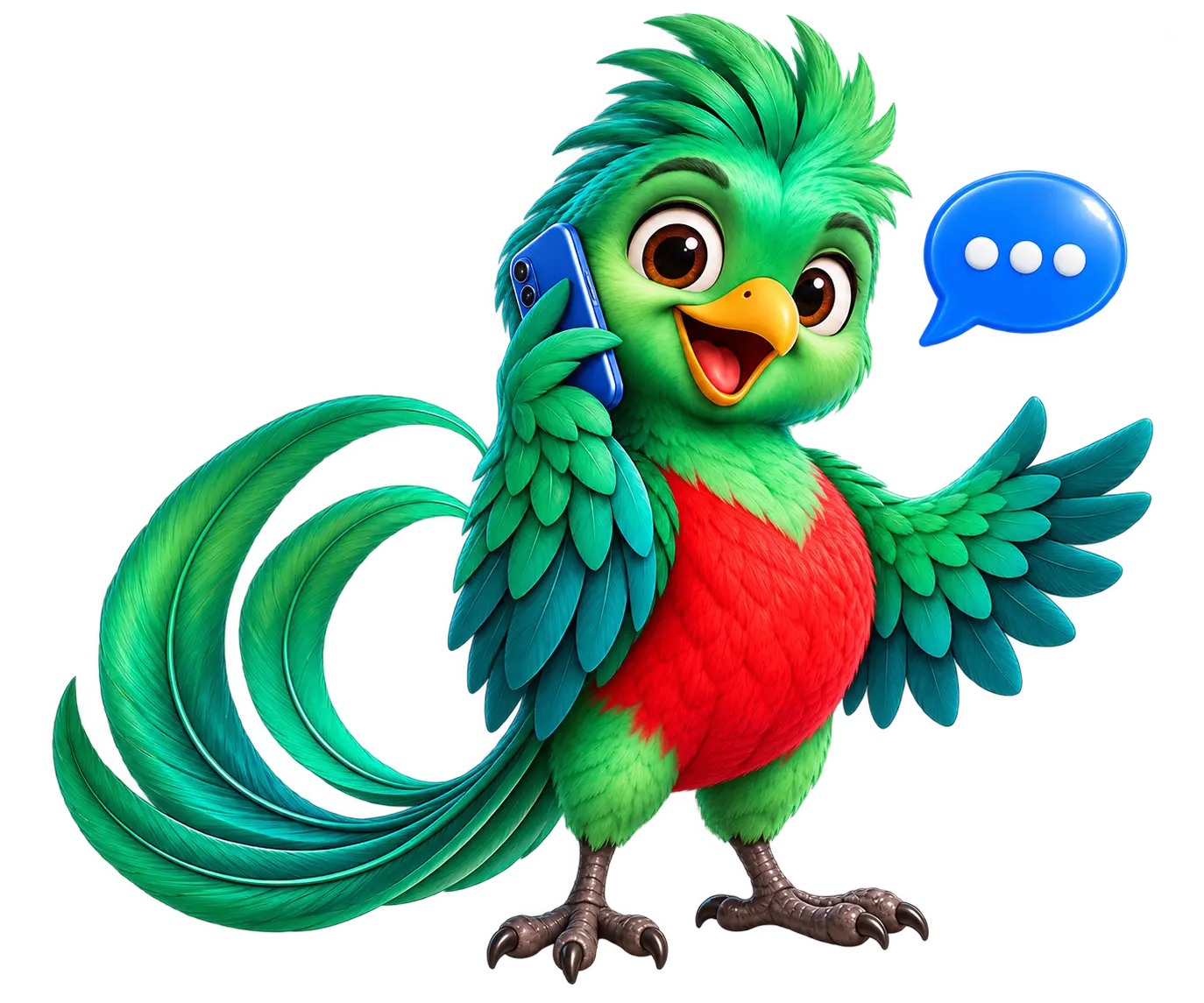 Quetzal con un teléfono listo para atenderte