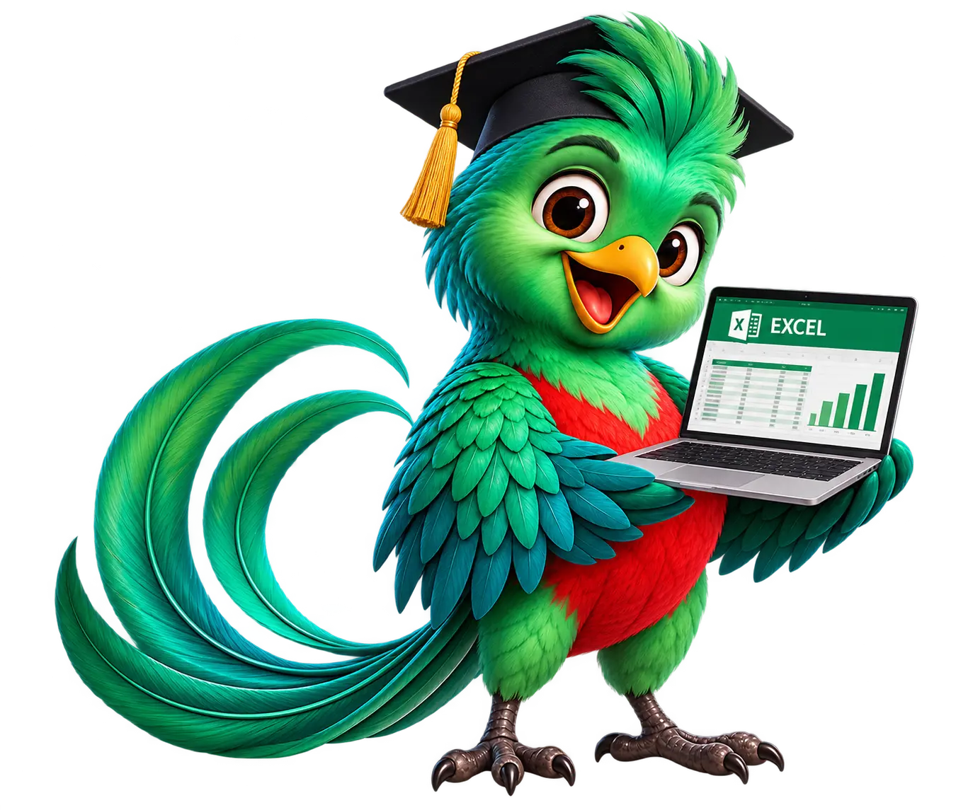 Quetzal con birrete y hoja de cálculo de Excel